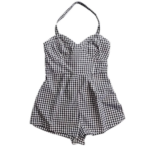 Anthropologie Maeve Halter Gingham Romper Size 12 Black White Sweetheart NWT - Picture 2 of 11